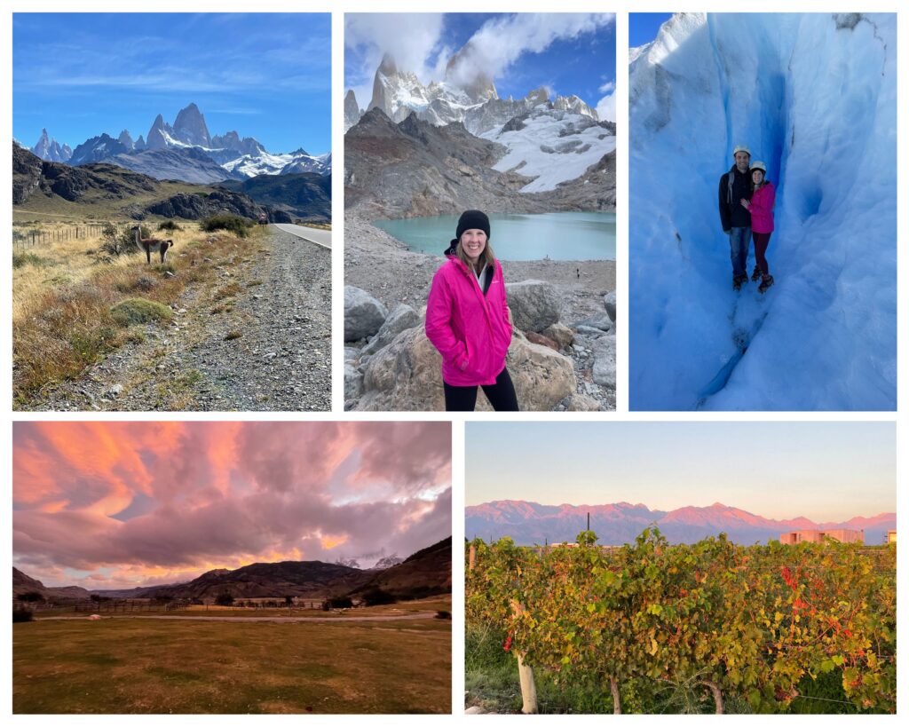 Patagonia luxury trip collage featuring Mount Fitz Roy, glacier trekking on Perito Moreno, a Patagonian sunset, and Mendoza vineyard views at dusk — Argentina travel highlights