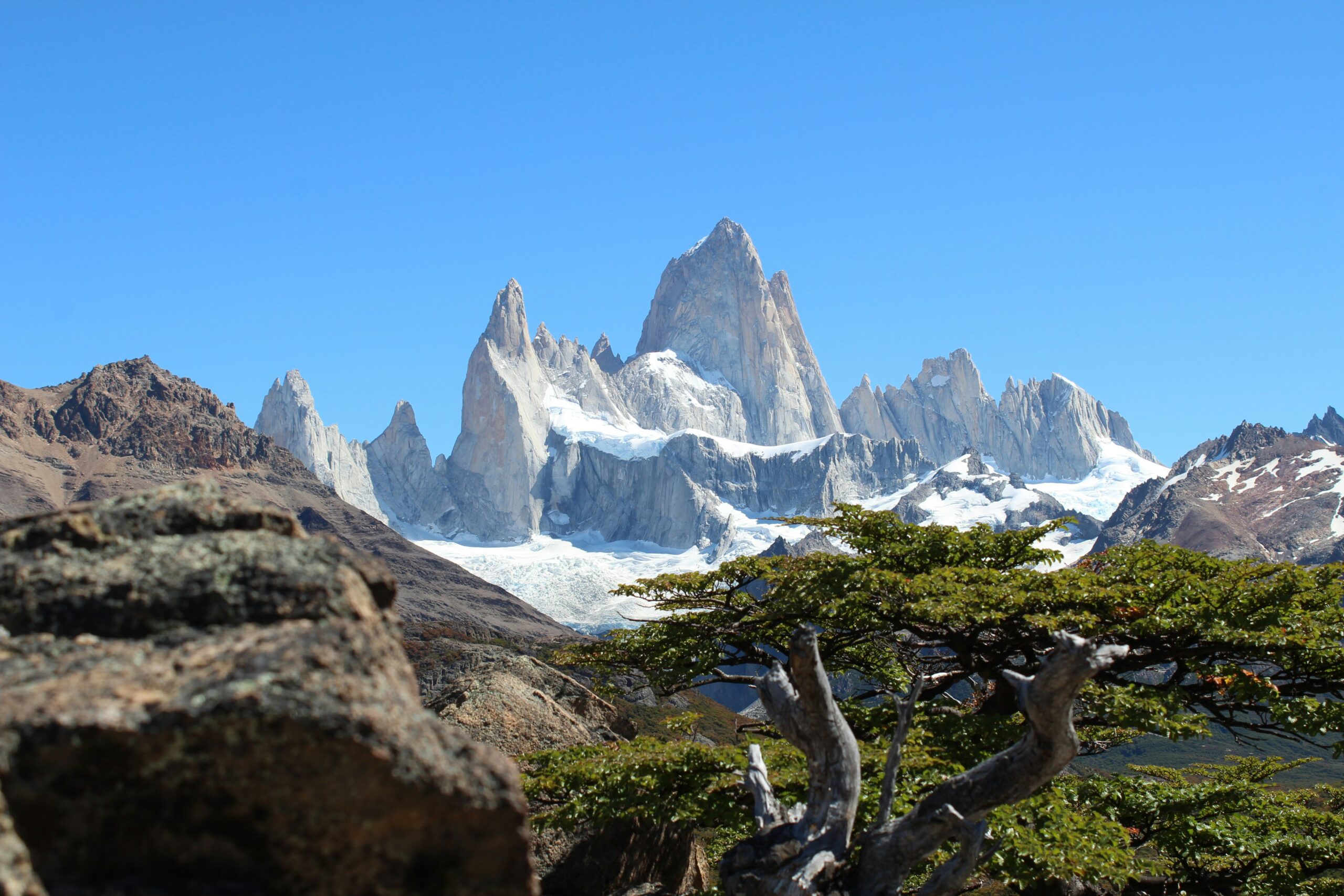 Mount Fitz Roy rising above twisted lenga beech trees and granite boulders, El Chaltén, Argentine Patagonia — a highlight of any Patagonia luxury trip